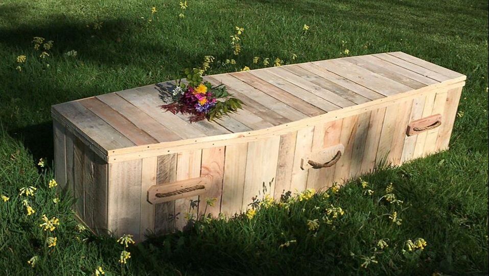 Ecological coffin made from reclaimed wooden pallets.